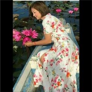 Zara Floral Button Front White with Pink Midi Dress size small